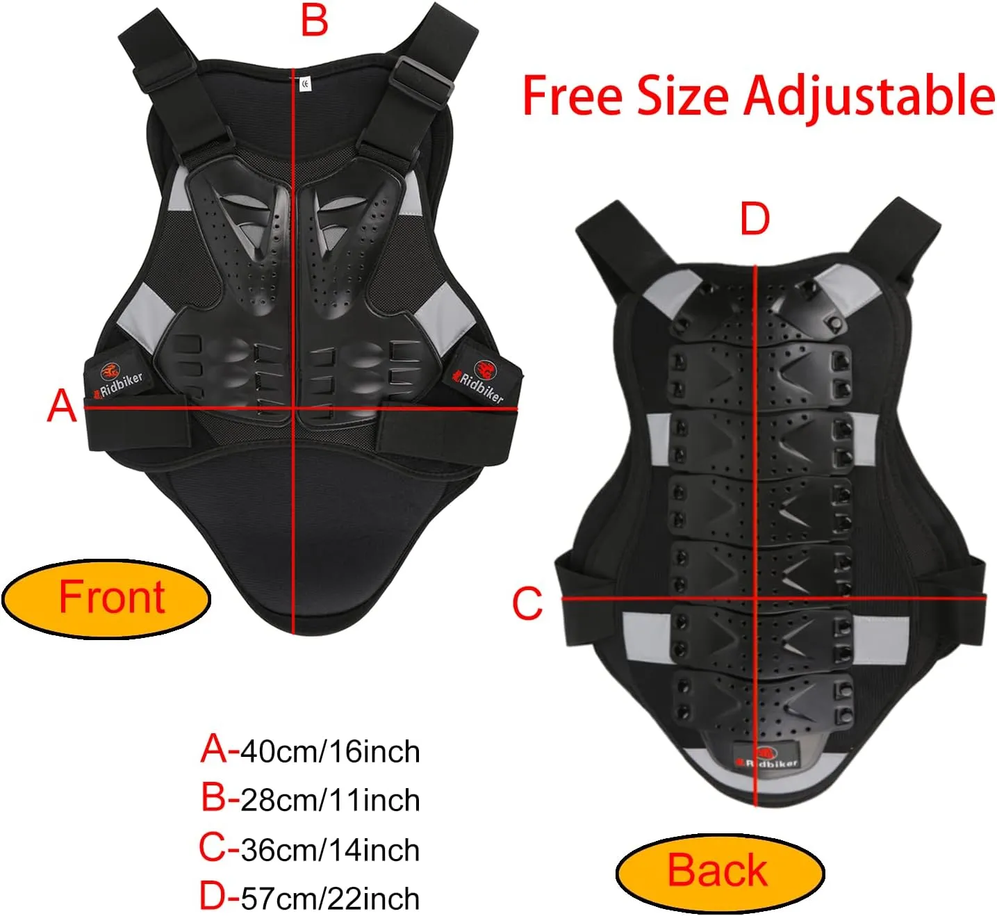 RIDBIKER Chest Protector Motorcycle, Dirt Bike Gear Body Armor Vest Spine Back Protector for Motocross Off-Road (Reflective at Night) (Red, M)