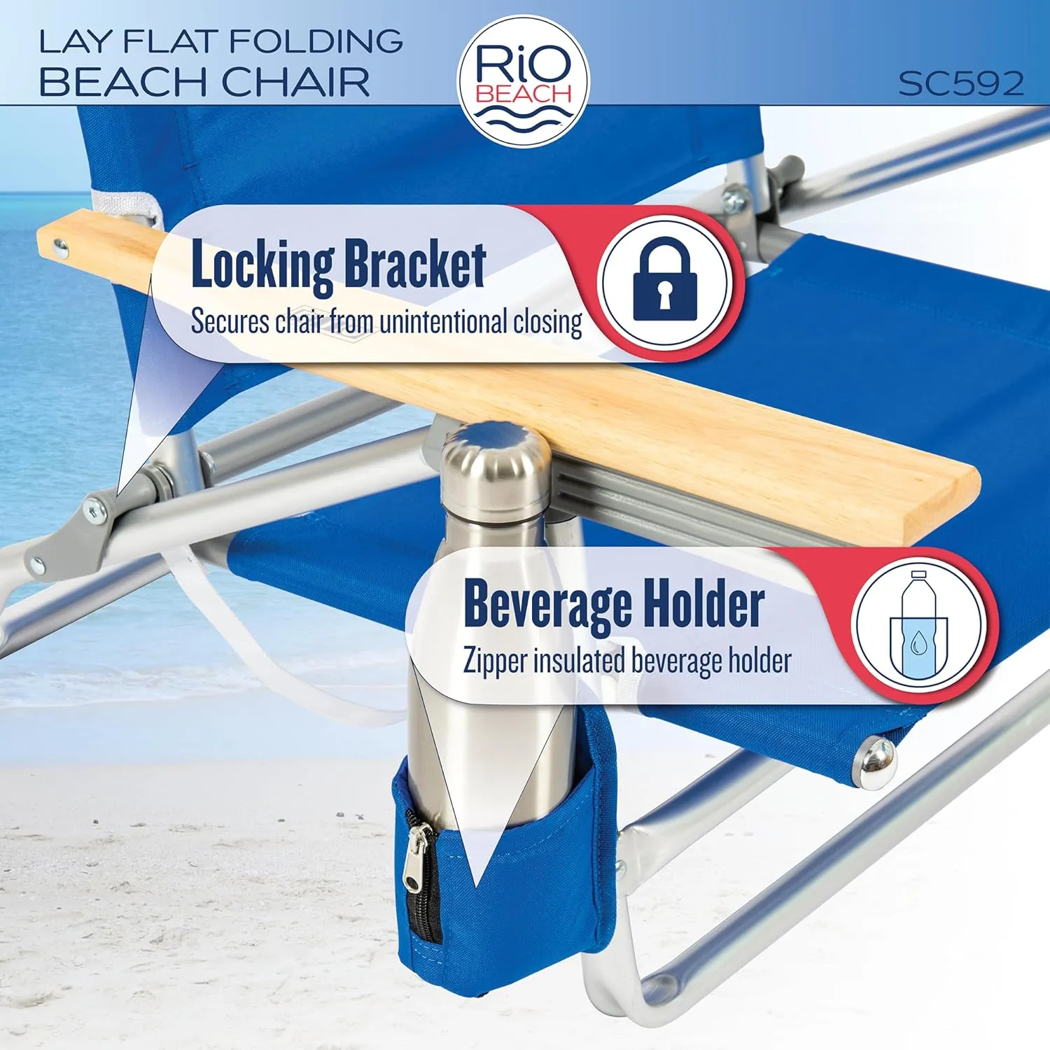 Rio Beach Classic 5-Position Lay-Flat Folding Chair, Outdoor Pool and Beach Chair with Carrying Strap and Towel Bar, Blue