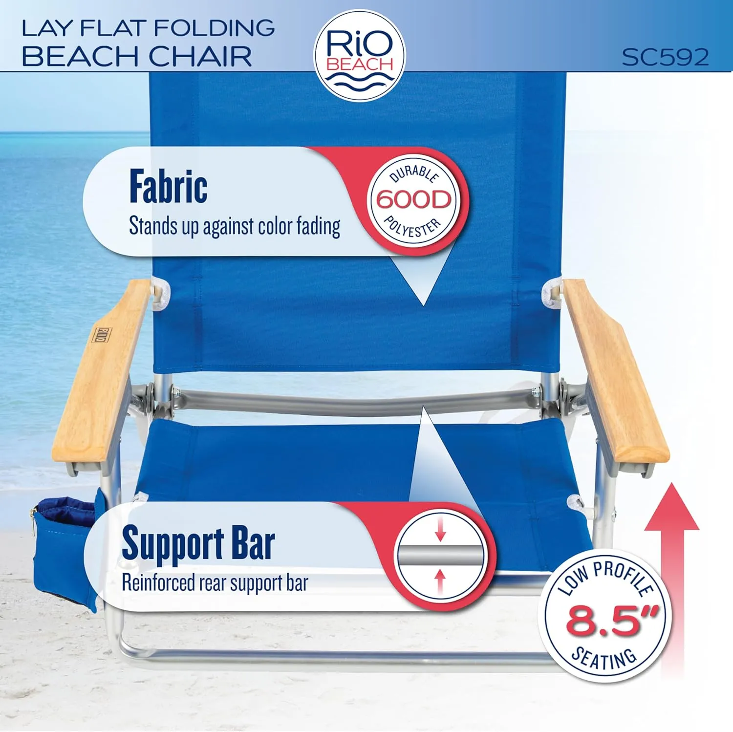 Rio Beach Classic 5-Position Lay-Flat Folding Chair, Outdoor Pool and Beach Chair with Carrying Strap and Towel Bar, Blue