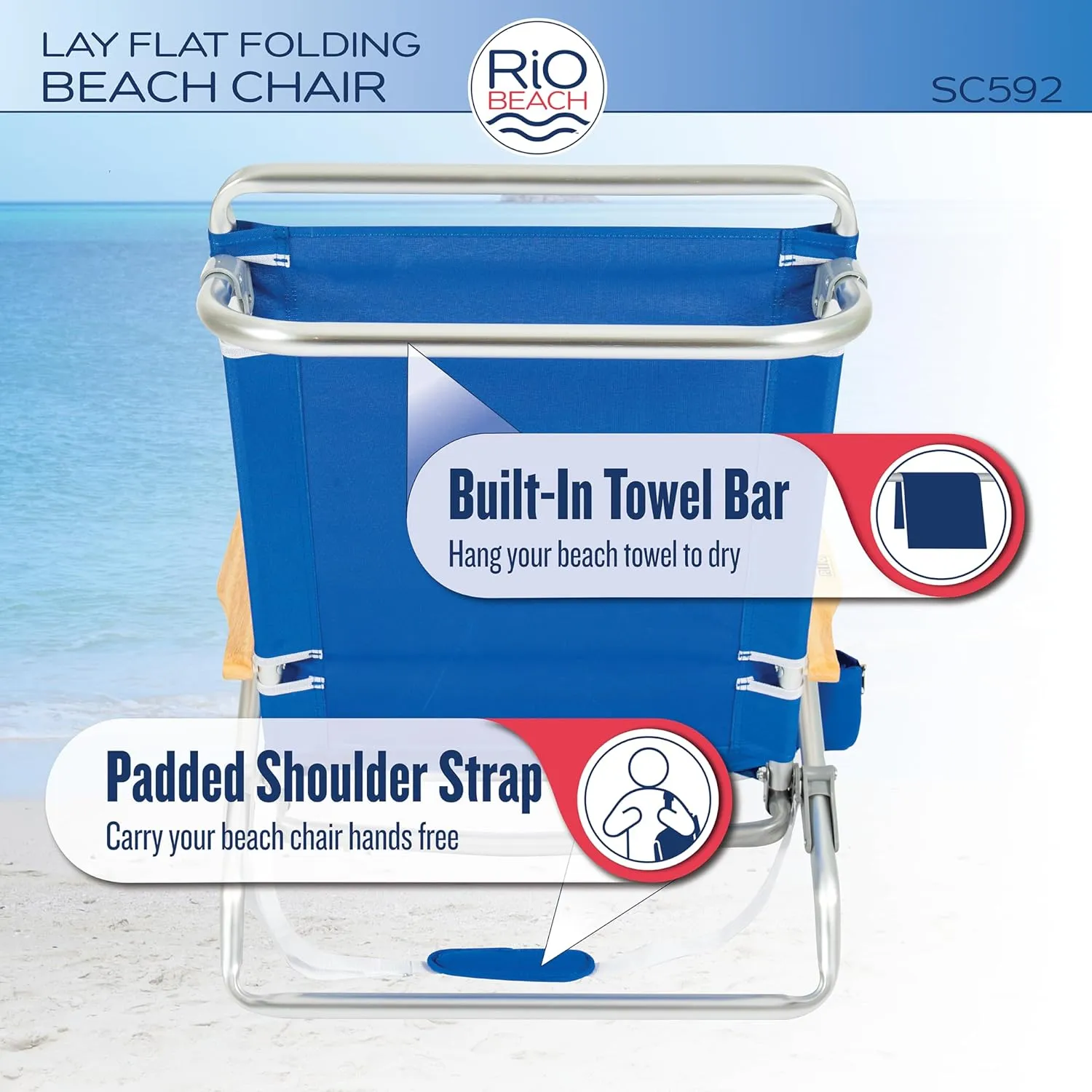 Rio Beach Classic 5-Position Lay-Flat Folding Chair, Outdoor Pool and Beach Chair with Carrying Strap and Towel Bar, Blue