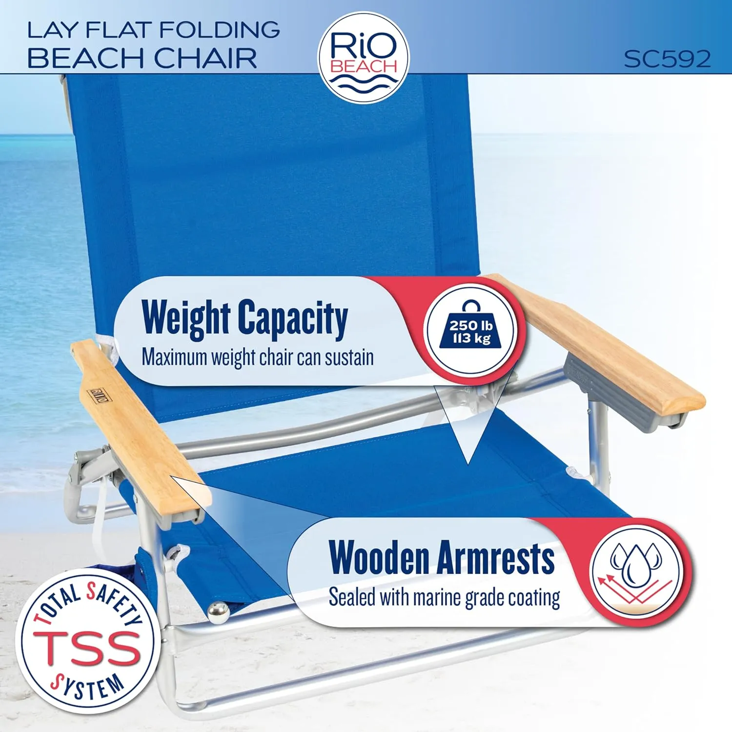 Rio Beach Classic 5-Position Lay-Flat Folding Chair, Outdoor Pool and Beach Chair with Carrying Strap and Towel Bar, Blue