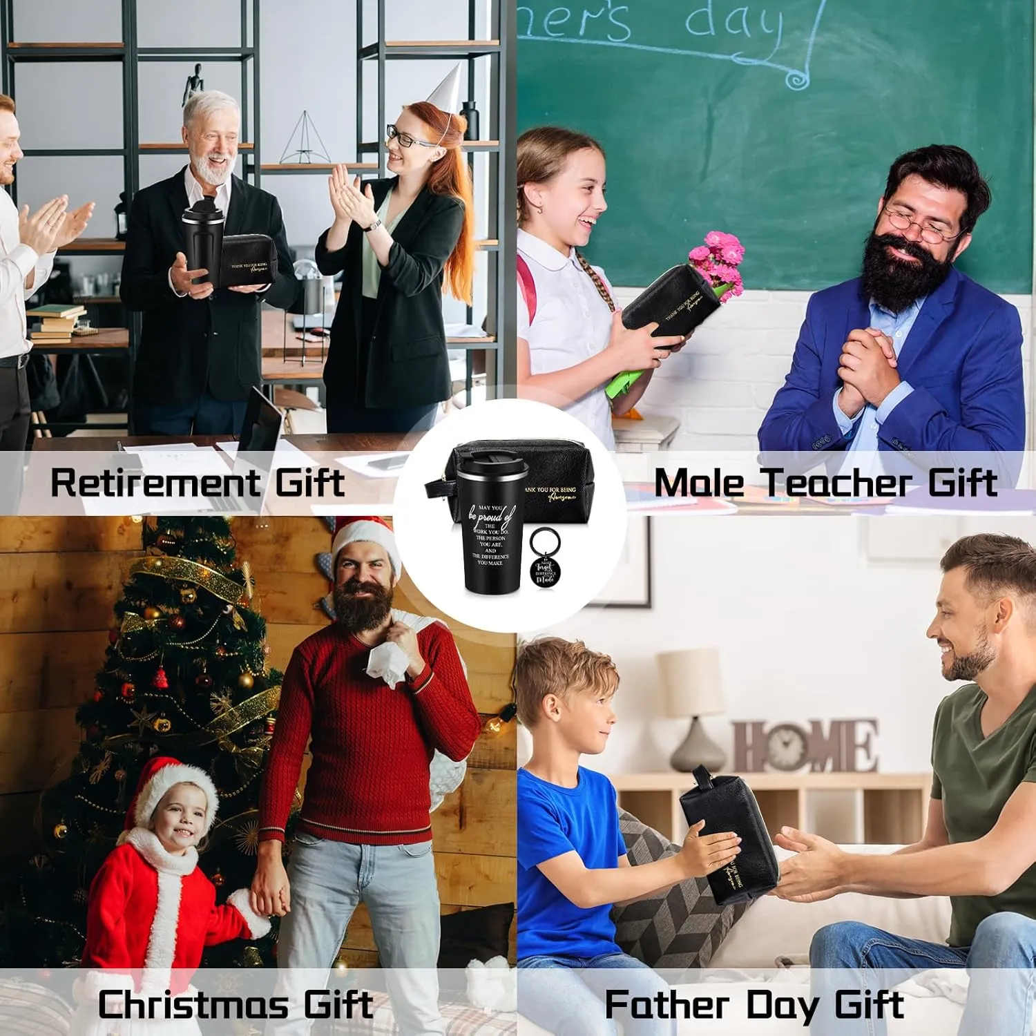 Roshtia Father's Day Thank You Gift for Men Dad 20oz Stainless Steel Tumbler with Lid Straw Leather Toiletry Bag Inspirational Keychain Team Gift for Employee Teacher(Classic Style)