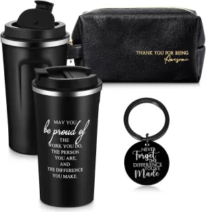 Roshtia Father's Day Thank You Gift for Men Dad 20oz Stainless Steel Tumbler with Lid Straw Leather Toiletry Bag Inspirational Keychain Team Gift for Employee Teacher(Classic Style)