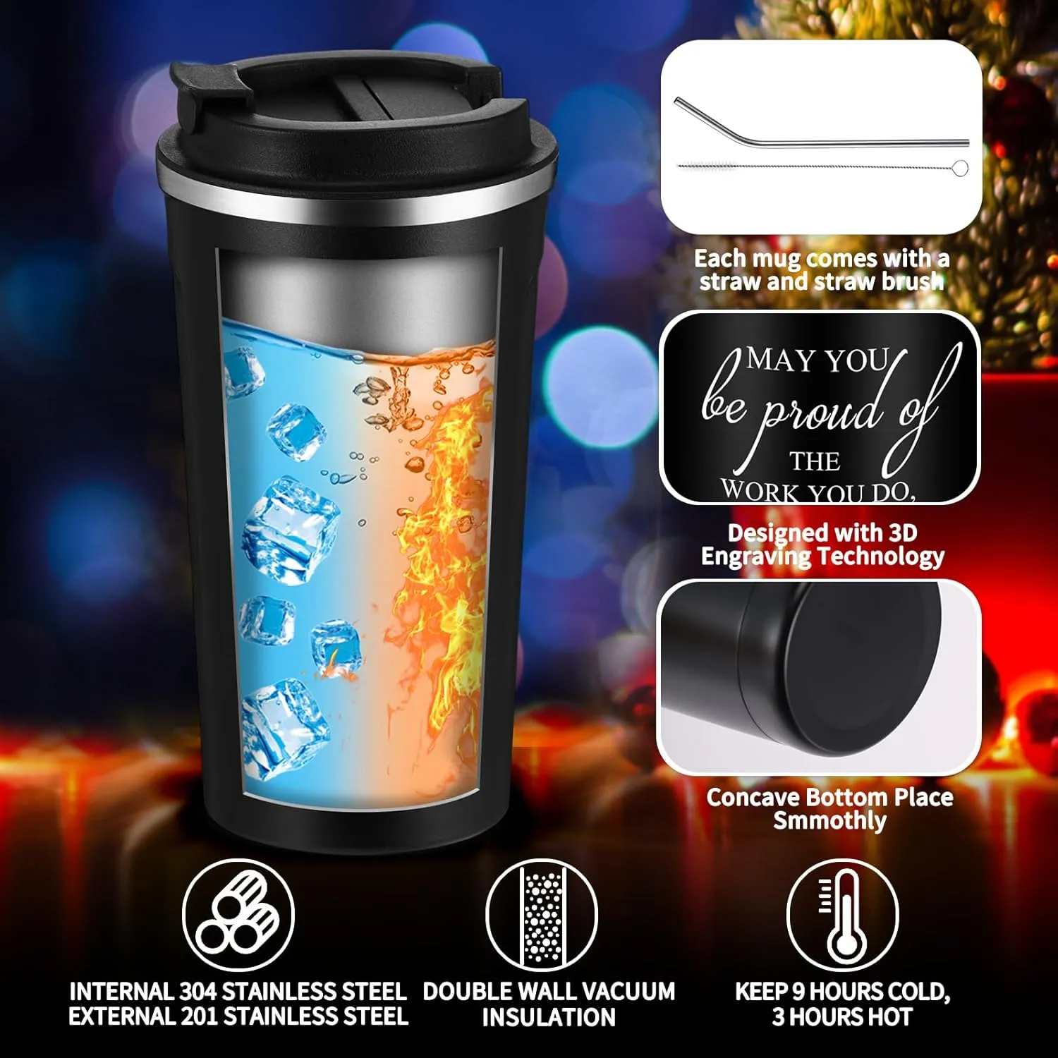 Roshtia Father's Day Thank You Gift for Men Dad 20oz Stainless Steel Tumbler with Lid Straw Leather Toiletry Bag Inspirational Keychain Team Gift for Employee Teacher(Classic Style)