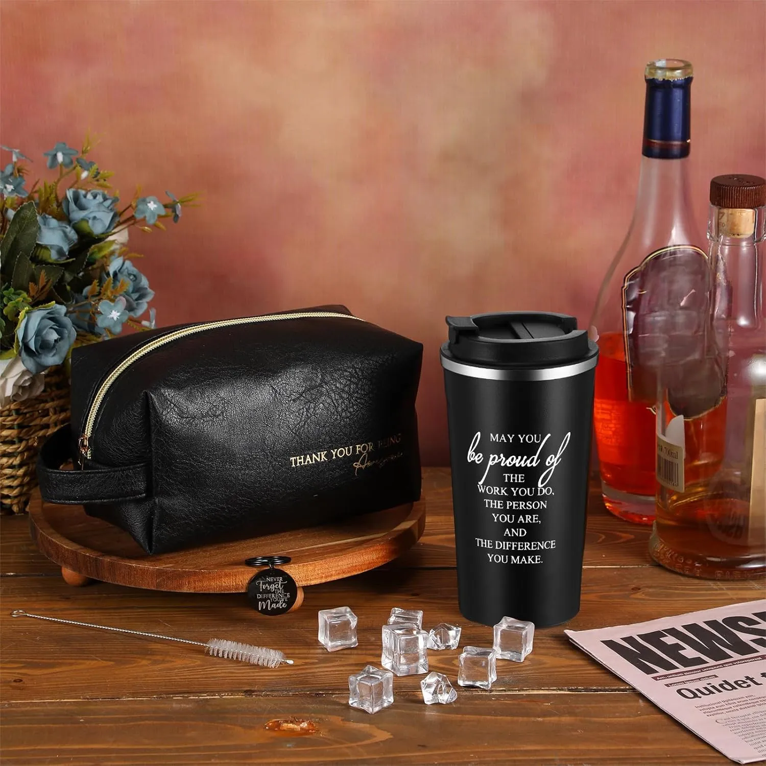 Roshtia Father's Day Thank You Gift for Men Dad 20oz Stainless Steel Tumbler with Lid Straw Leather Toiletry Bag Inspirational Keychain Team Gift for Employee Teacher(Classic Style)
