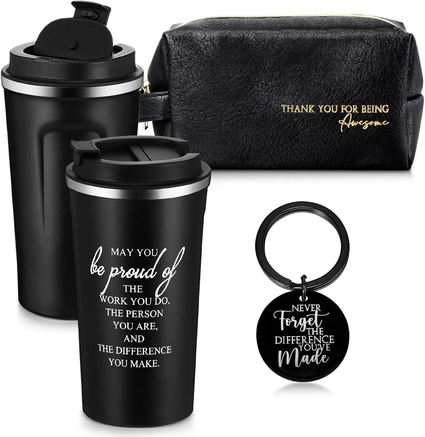 Roshtia Father's Day Thank You Gift for Men Dad 20oz Stainless Steel Tumbler with Lid Straw Leather Toiletry Bag Inspirational Keychain Team Gift for Employee Teacher(Classic Style)