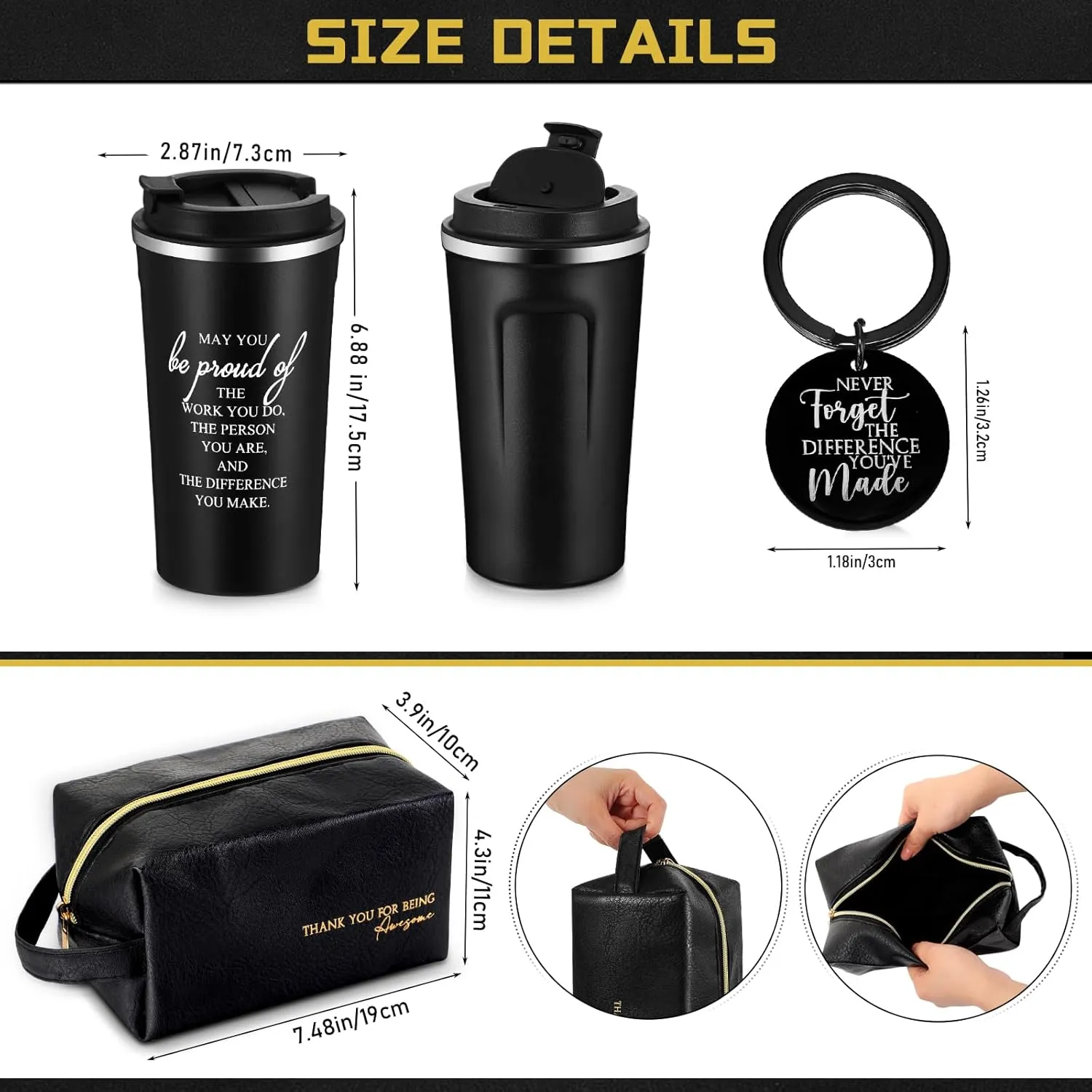 Roshtia Father's Day Thank You Gift for Men Dad 20oz Stainless Steel Tumbler with Lid Straw Leather Toiletry Bag Inspirational Keychain Team Gift for Employee Teacher(Classic Style)