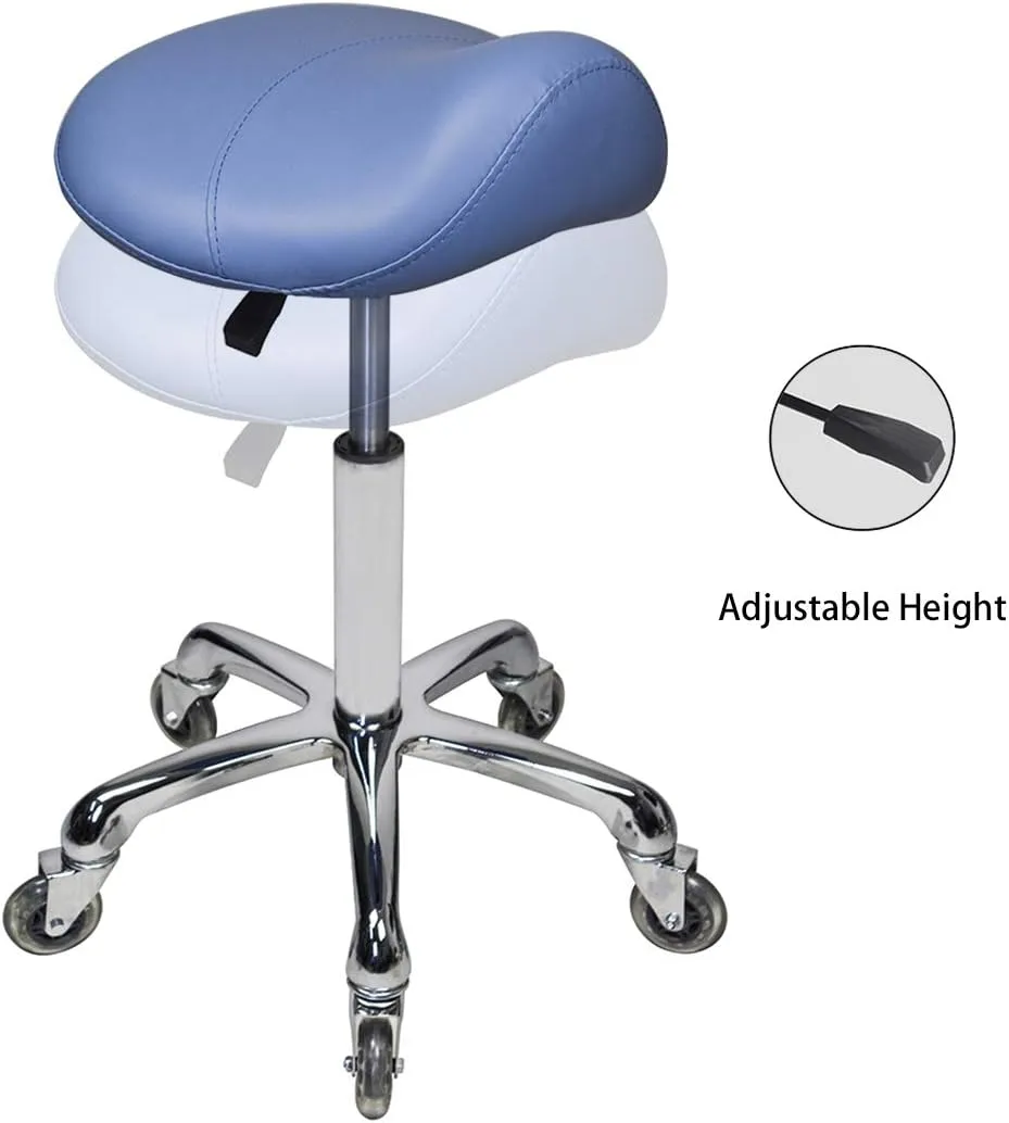 Saddle Stool Rolling Ergonomic Swivel Chair for Dental Office Massage Clinic Spa Salon,Adjustable Hydraulic Stool with Wheels (Without Backrest, Blue)