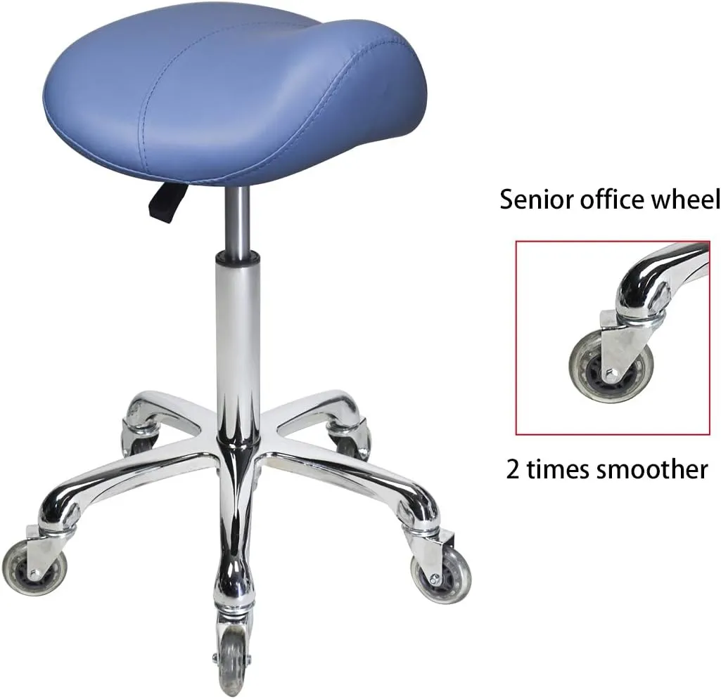 Saddle Stool Rolling Ergonomic Swivel Chair for Dental Office Massage Clinic Spa Salon,Adjustable Hydraulic Stool with Wheels (Without Backrest, Blue)