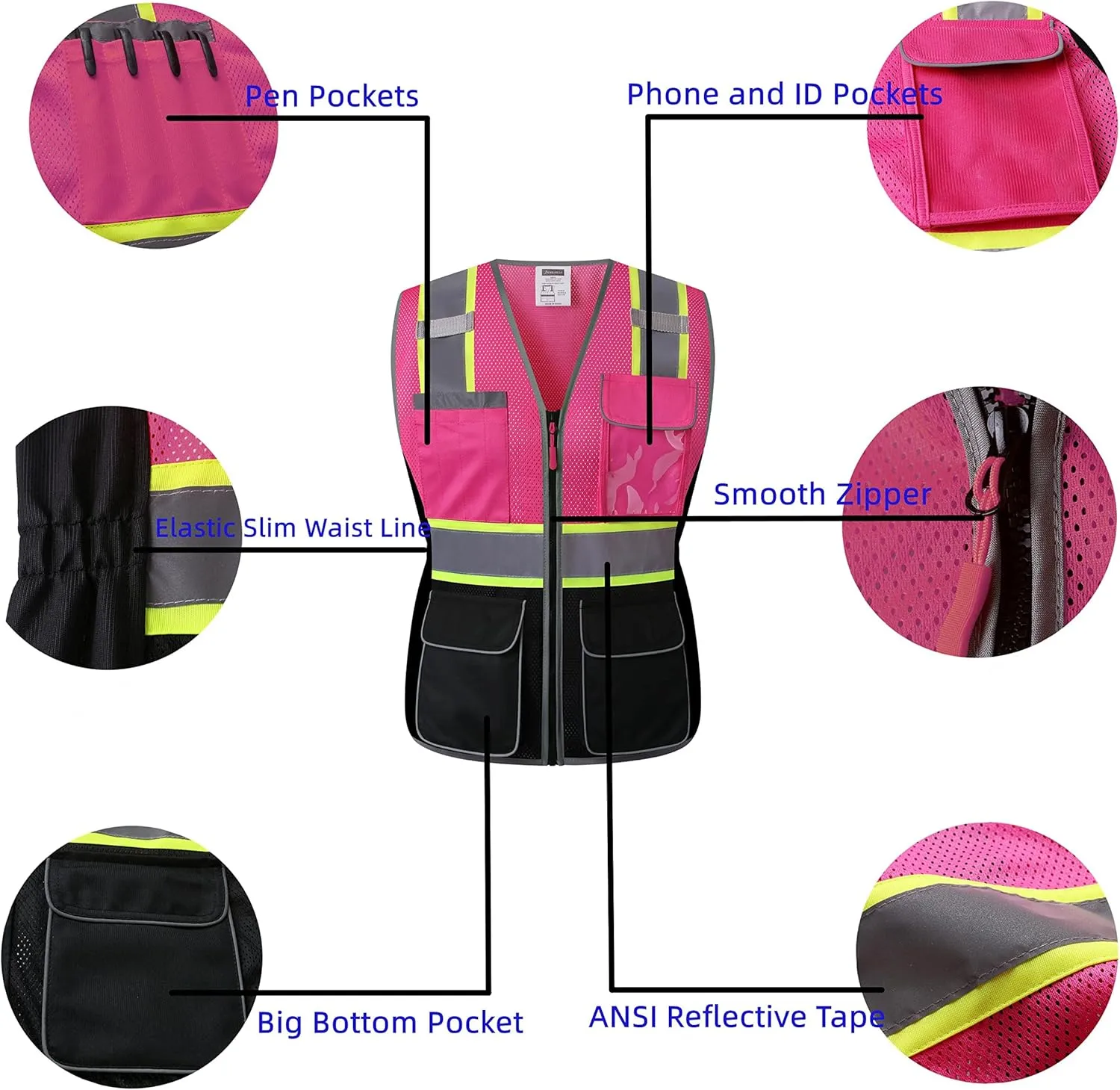 Safety Vest For Women,High Visibility Reflective Vest With Multi Pockets And Zipper,Work Vest For Lady