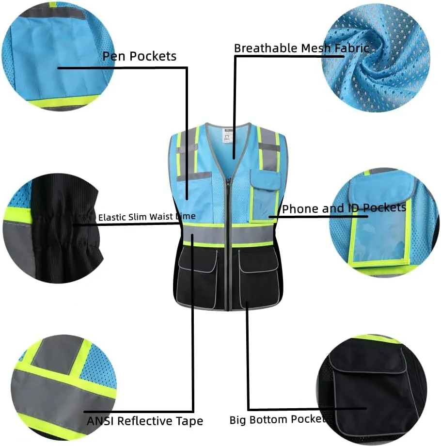Safety Vest For Women,High Visibility Reflective Vest With Multi Pockets And Zipper,Work Vest For Lady