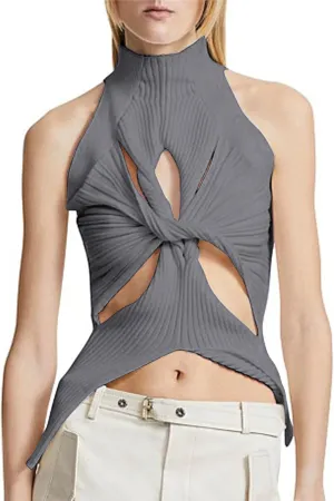 SAFRISIOR Women Sexy Hollow Out Twist Front Knitted Tank Tops Sleeveless High Neck Cut Out Sweater Vest