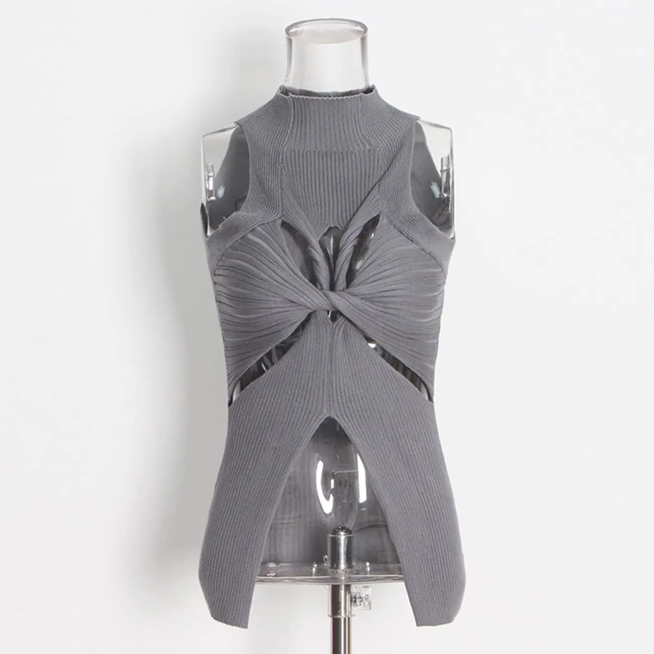 SAFRISIOR Women Sexy Hollow Out Twist Front Knitted Tank Tops Sleeveless High Neck Cut Out Sweater Vest