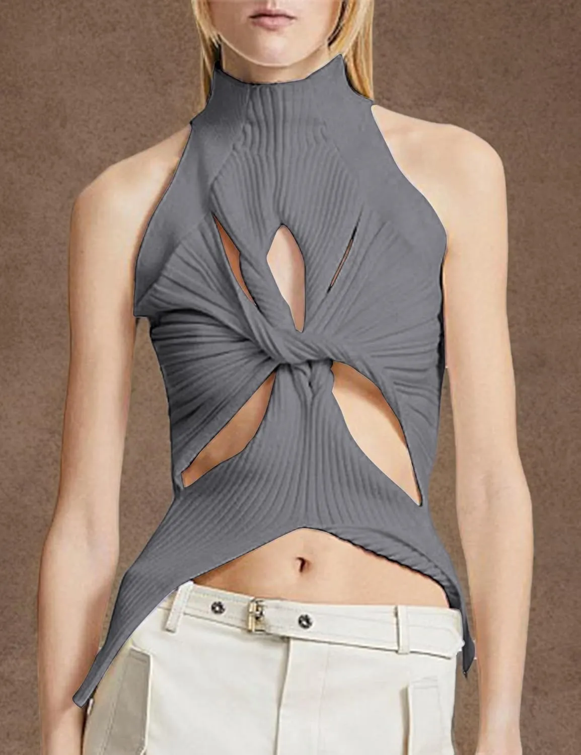 SAFRISIOR Women Sexy Hollow Out Twist Front Knitted Tank Tops Sleeveless High Neck Cut Out Sweater Vest