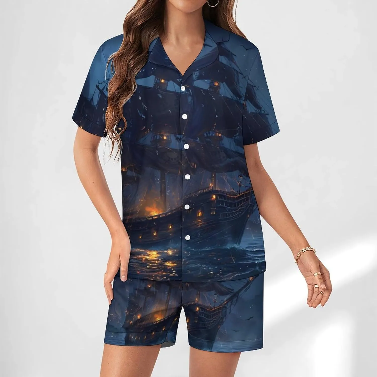 Sailboat Sailing on Sea Women's Satin Pajama Set Short Sleeve Button Down Sleepwear Loungewear Pj Set