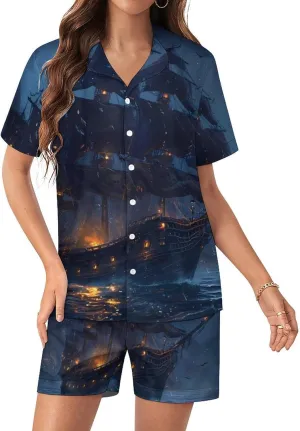 Sailboat Sailing on Sea Women's Satin Pajama Set Short Sleeve Button Down Sleepwear Loungewear Pj Set