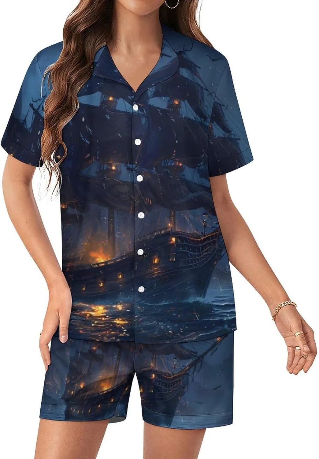 Sailboat Sailing on Sea Women's Satin Pajama Set Short Sleeve Button Down Sleepwear Loungewear Pj Set