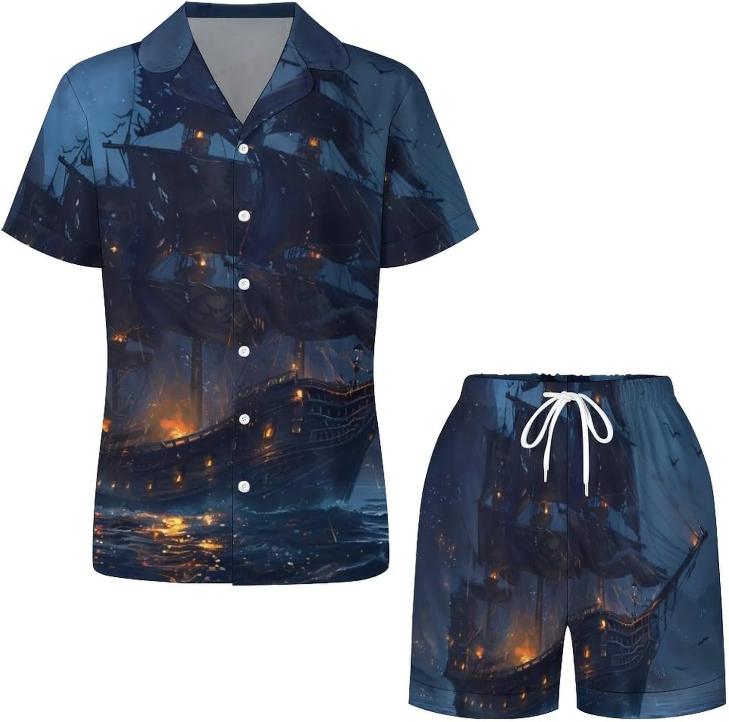 Sailboat Sailing on Sea Women's Satin Pajama Set Short Sleeve Button Down Sleepwear Loungewear Pj Set