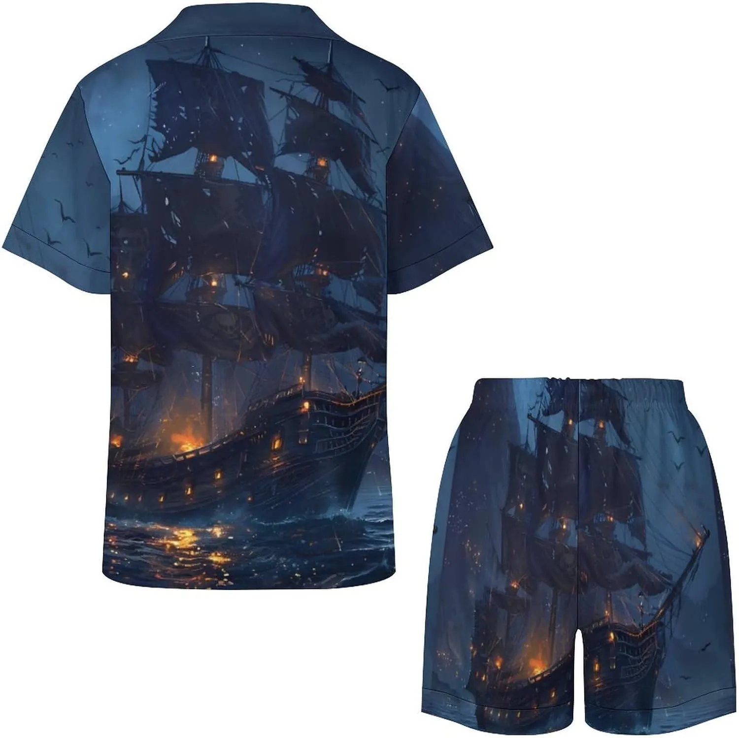Sailboat Sailing on Sea Women's Satin Pajama Set Short Sleeve Button Down Sleepwear Loungewear Pj Set