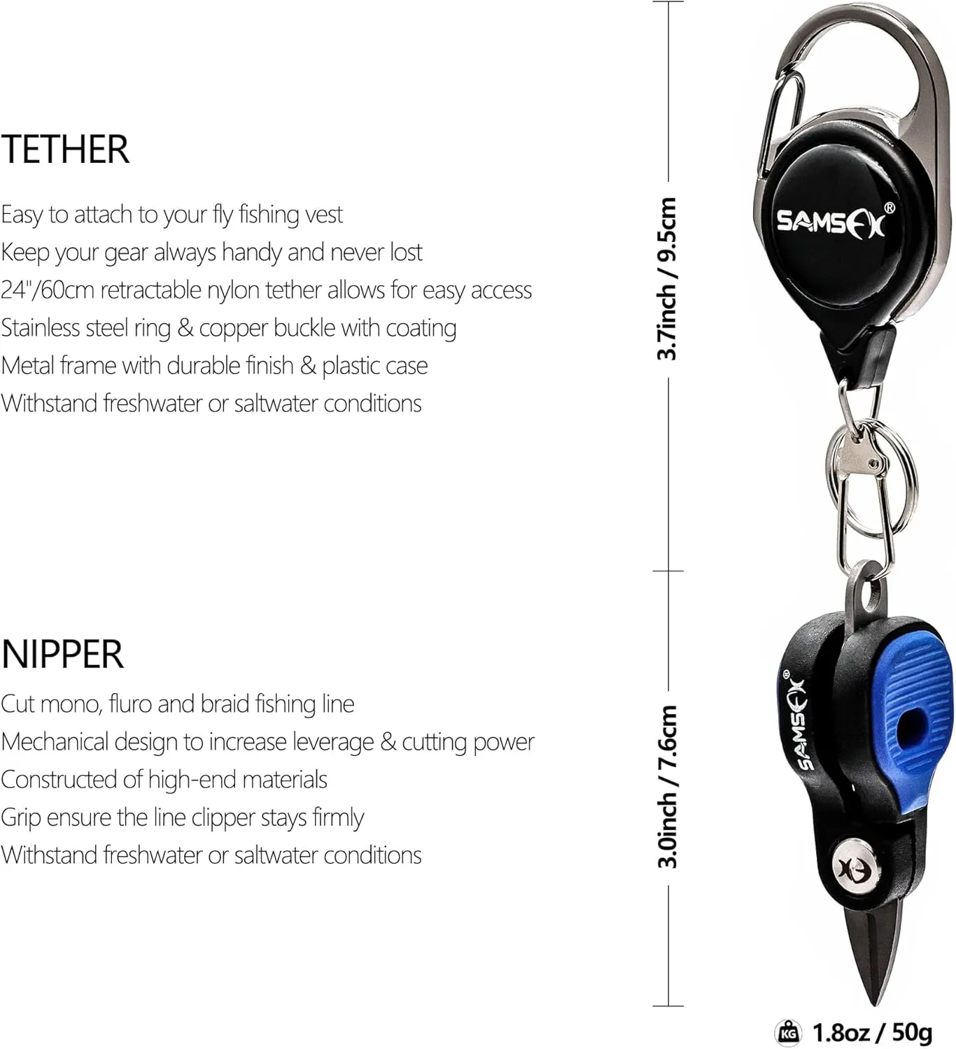 SAMSFX Fishing Nipper with Retractable Tether, Stainless Steel Blades that Cut Braid, Mono and Fluoro Lines, SNIP, Fishing Line Cutters (Blue)