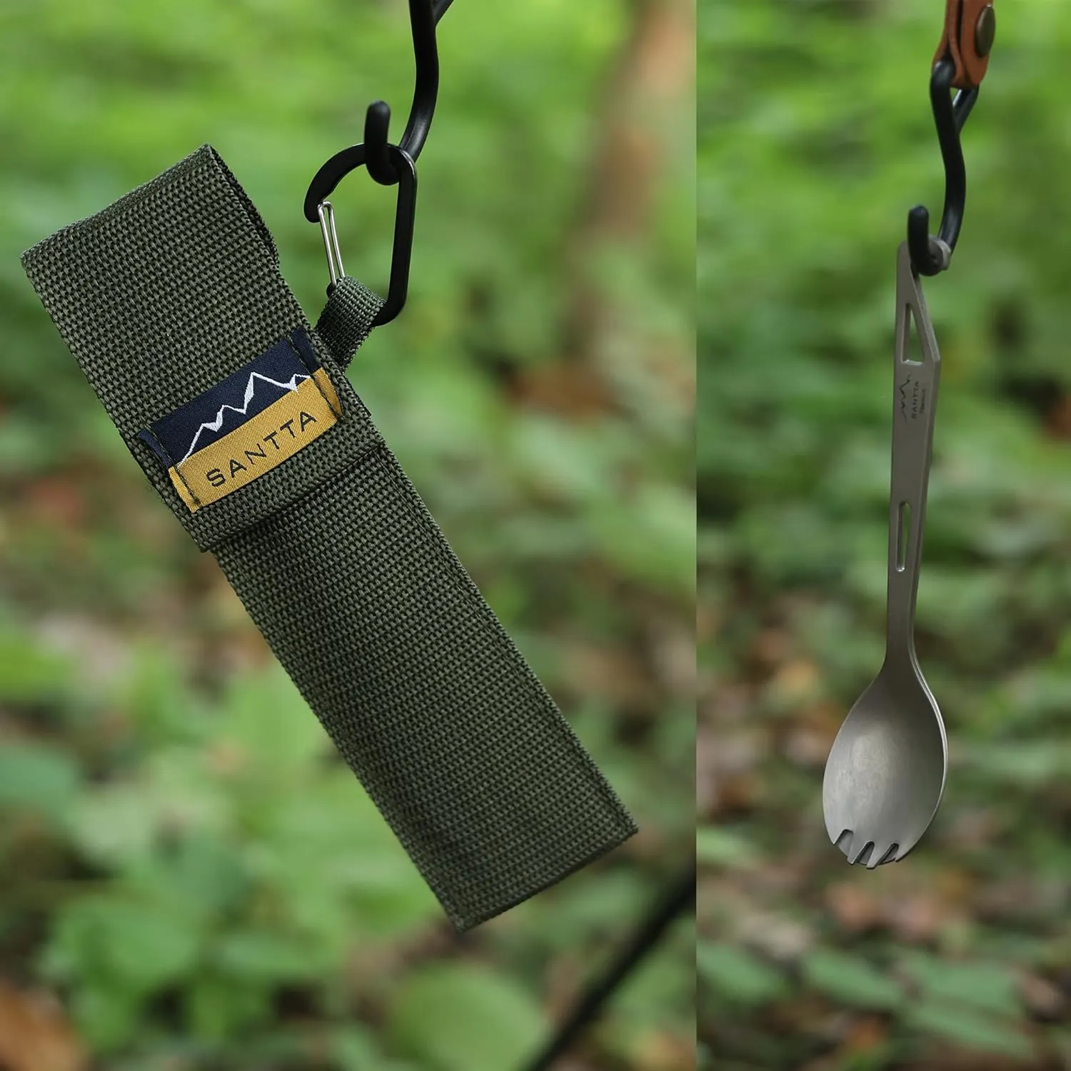 SANTTA Titanium Camping Spork Set of 2 Piece, Spoon Fork and Bottle Opener 3 in 1, Ultra light Multifunctional Ti Utensils with Storage Bag for Camping Backpacking Hiking Fishing Picnic and Travel