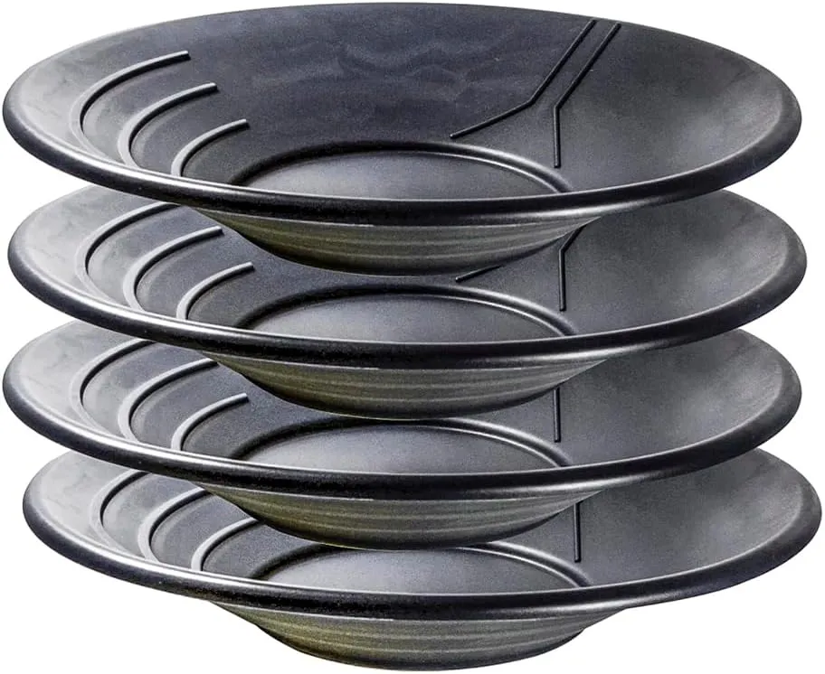 SE 14 Inch Gold Panning Pan - Three Riffles for Easier Mining and Prospecting, Black, 4 Pack