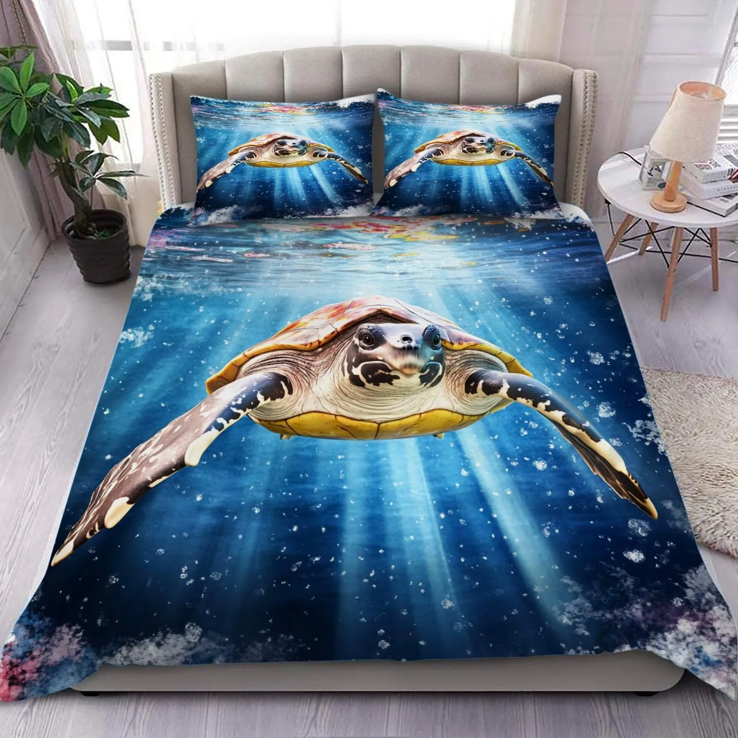 Sea Turtle Comforter Set,Ocean Sea Turtle Bedding Set for Kids Teens- Sea Turtle Bedding Set-Leatherback Turtle in The Twilight Zone- Bed Set with 2 Pillowcases for Kids Room Decor bJ1AXs