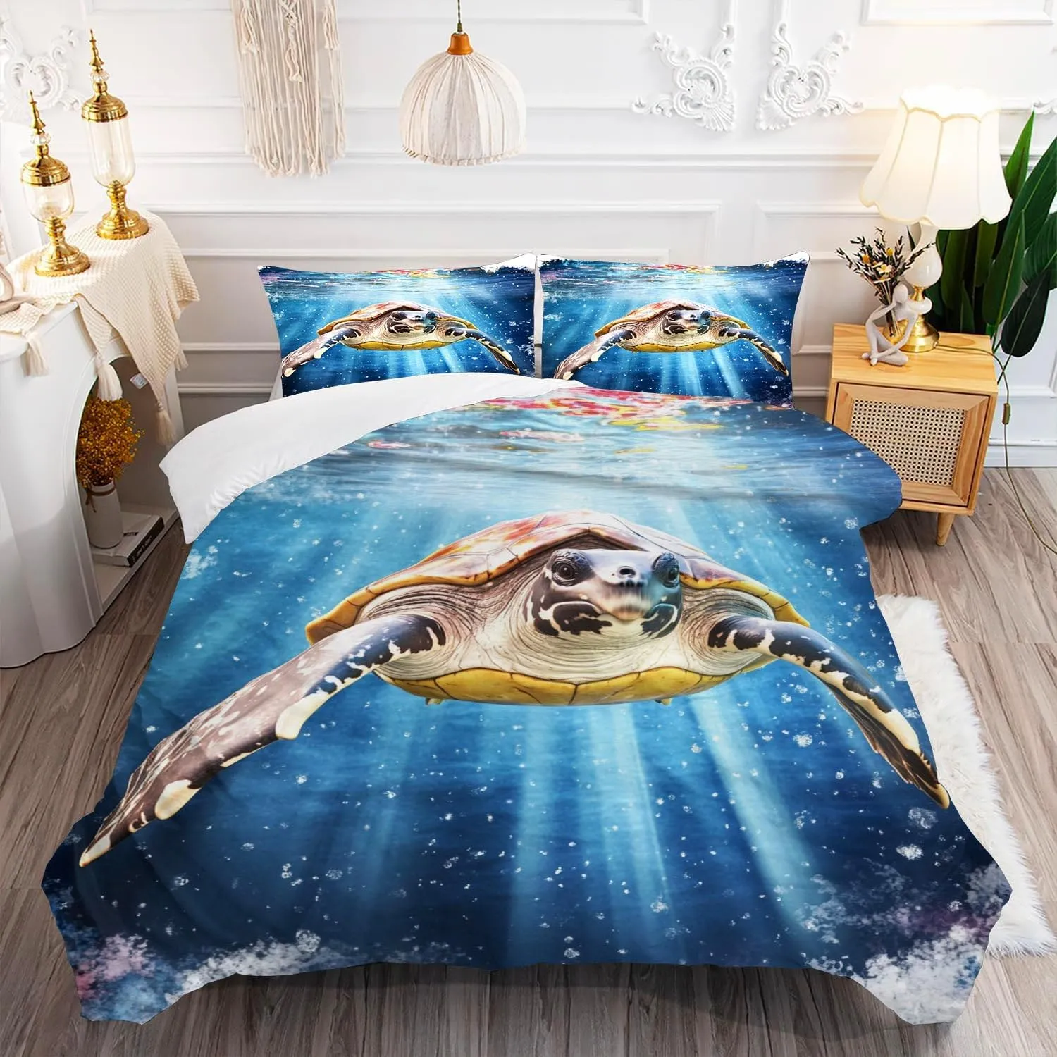 Sea Turtle Comforter Set,Ocean Sea Turtle Bedding Set for Kids Teens- Sea Turtle Bedding Set-Leatherback Turtle in The Twilight Zone- Bed Set with 2 Pillowcases for Kids Room Decor bJ1AXs