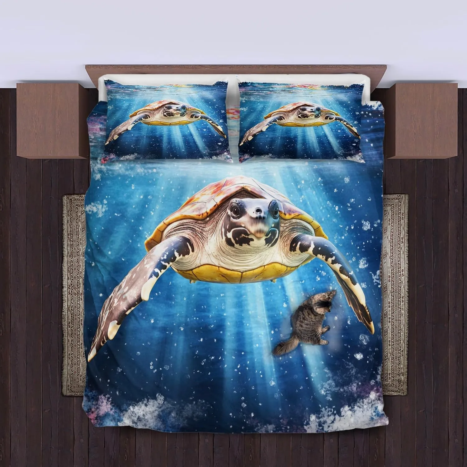 Sea Turtle Comforter Set,Ocean Sea Turtle Bedding Set for Kids Teens- Sea Turtle Bedding Set-Leatherback Turtle in The Twilight Zone- Bed Set with 2 Pillowcases for Kids Room Decor bJ1AXs