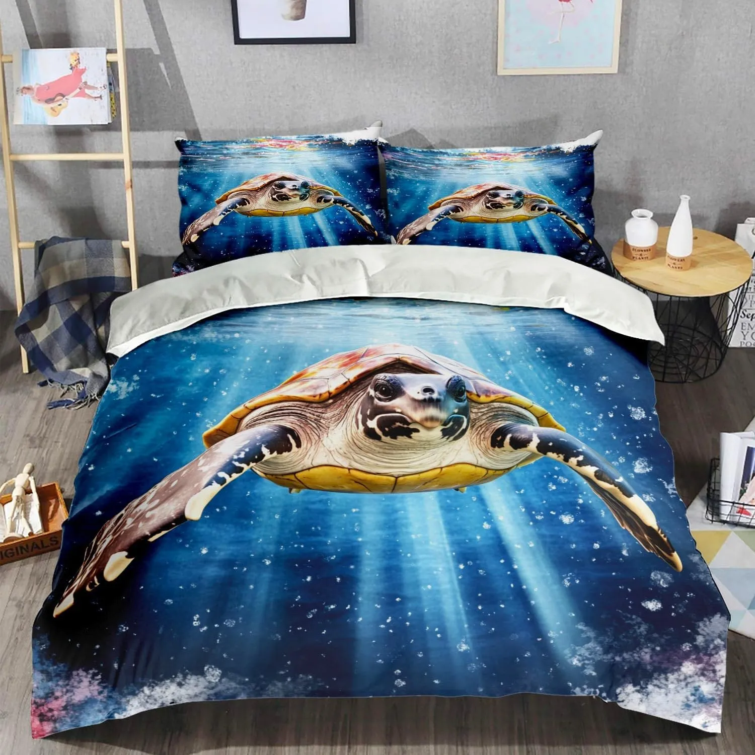Sea Turtle Comforter Set,Ocean Sea Turtle Bedding Set for Kids Teens- Sea Turtle Bedding Set-Leatherback Turtle in The Twilight Zone- Bed Set with 2 Pillowcases for Kids Room Decor bJ1AXs