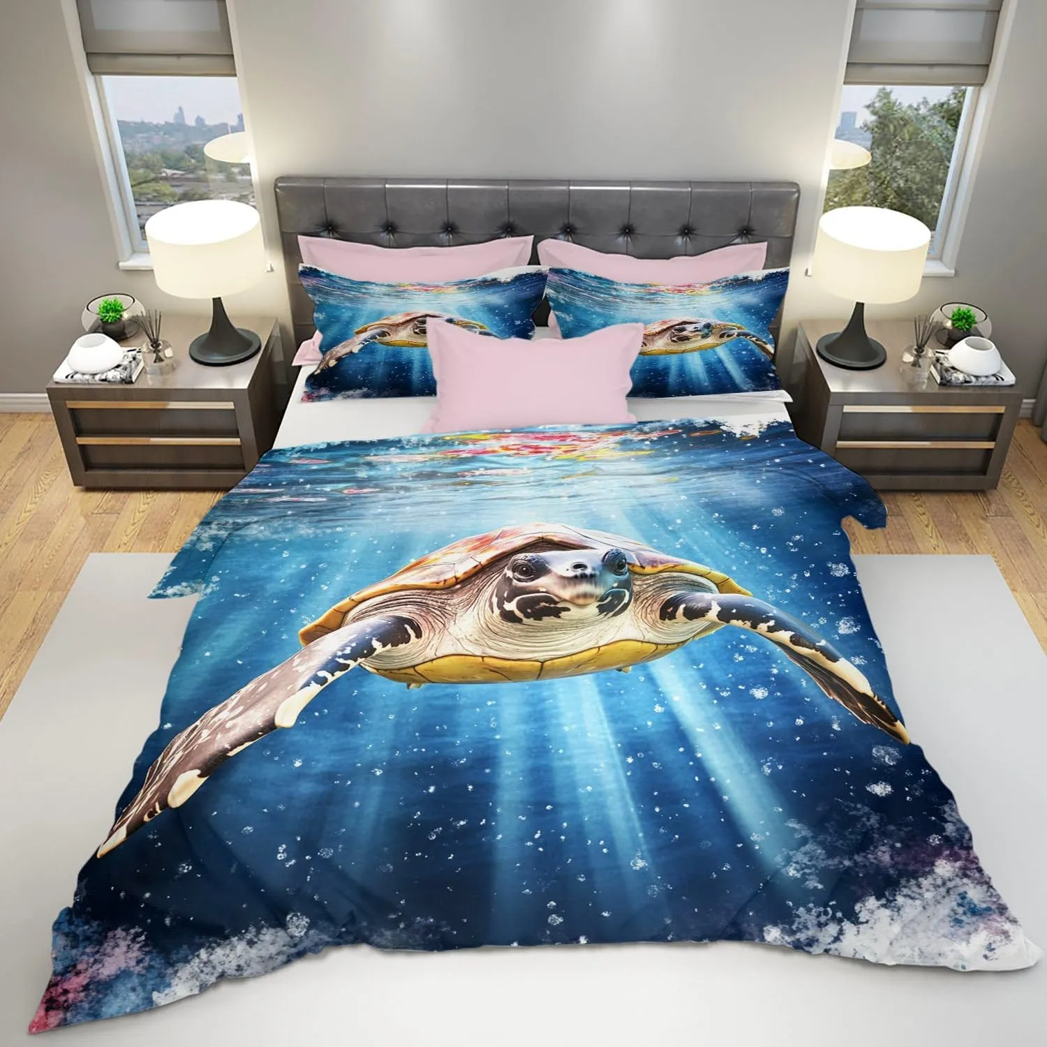 Sea Turtle Comforter Set,Ocean Sea Turtle Bedding Set for Kids Teens- Sea Turtle Bedding Set-Leatherback Turtle in The Twilight Zone- Bed Set with 2 Pillowcases for Kids Room Decor bJ1AXs