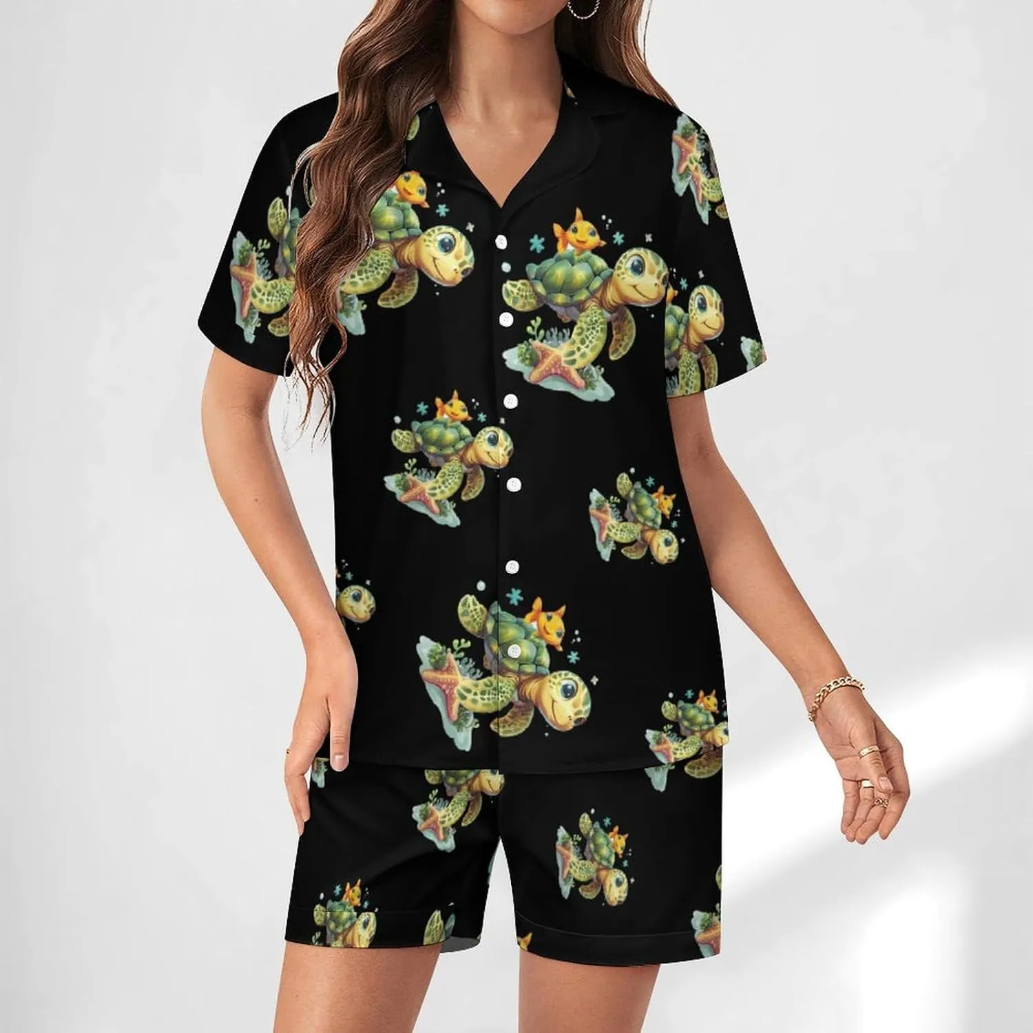 Sea Turtle Women's Satin Pajama Set Short Sleeve Button Down Sleepwear Loungewear Pj Set