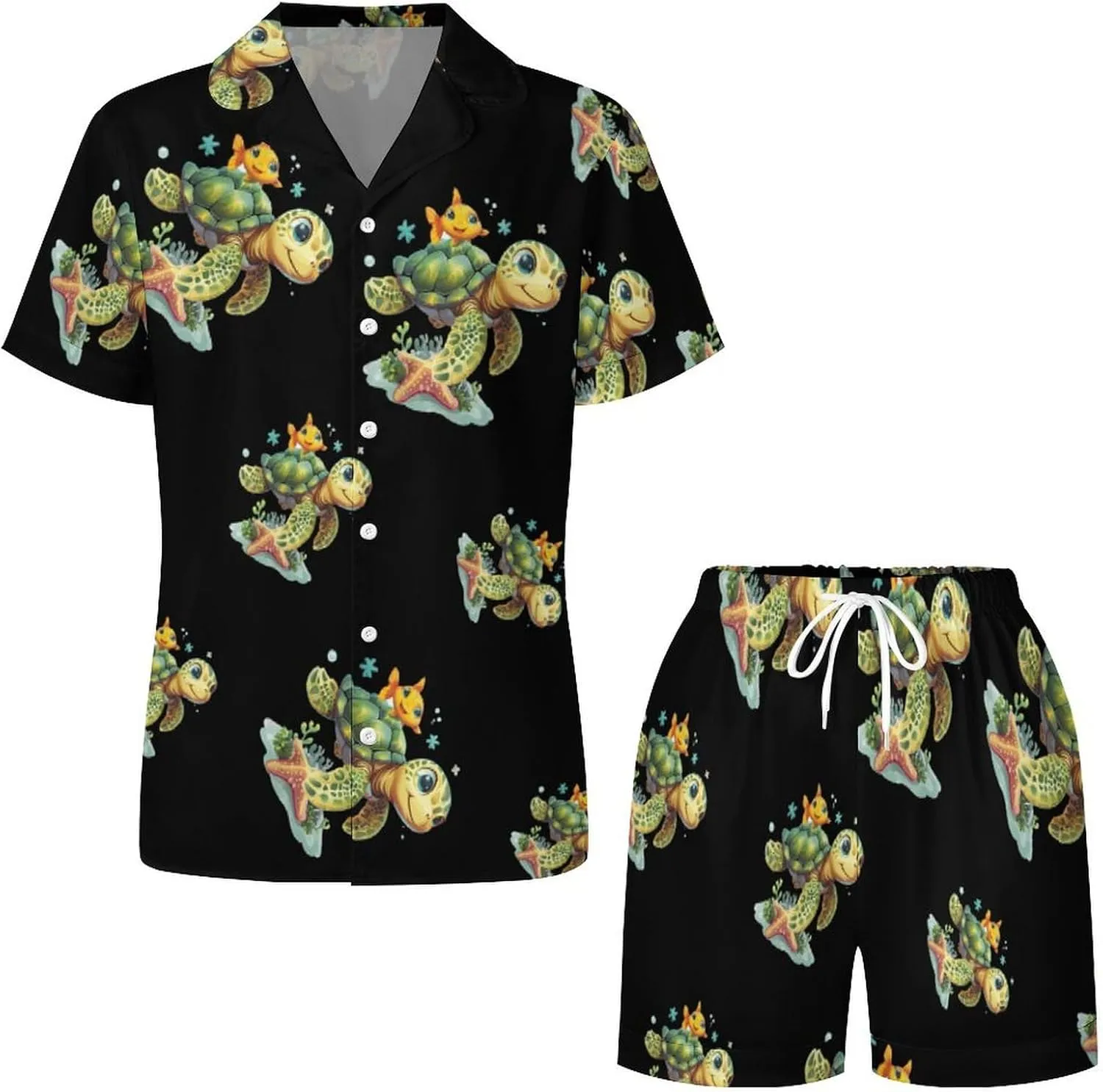 Sea Turtle Women's Satin Pajama Set Short Sleeve Button Down Sleepwear Loungewear Pj Set