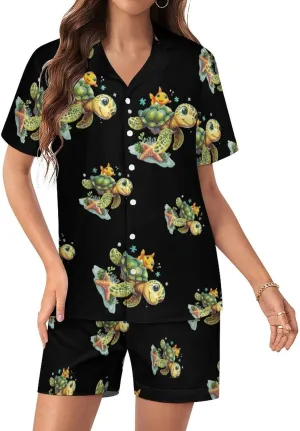 Sea Turtle Women's Satin Pajama Set Short Sleeve Button Down Sleepwear Loungewear Pj Set