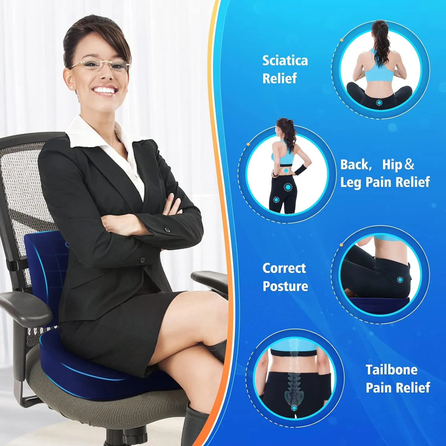 Seat Cushion, Lumbar Support Pillow with Adjustable Strap-Chair Cushions for Sciatica Pain Relief-with Washable Cover Memory Foam for Car, Travel and Wheelchair-Blue