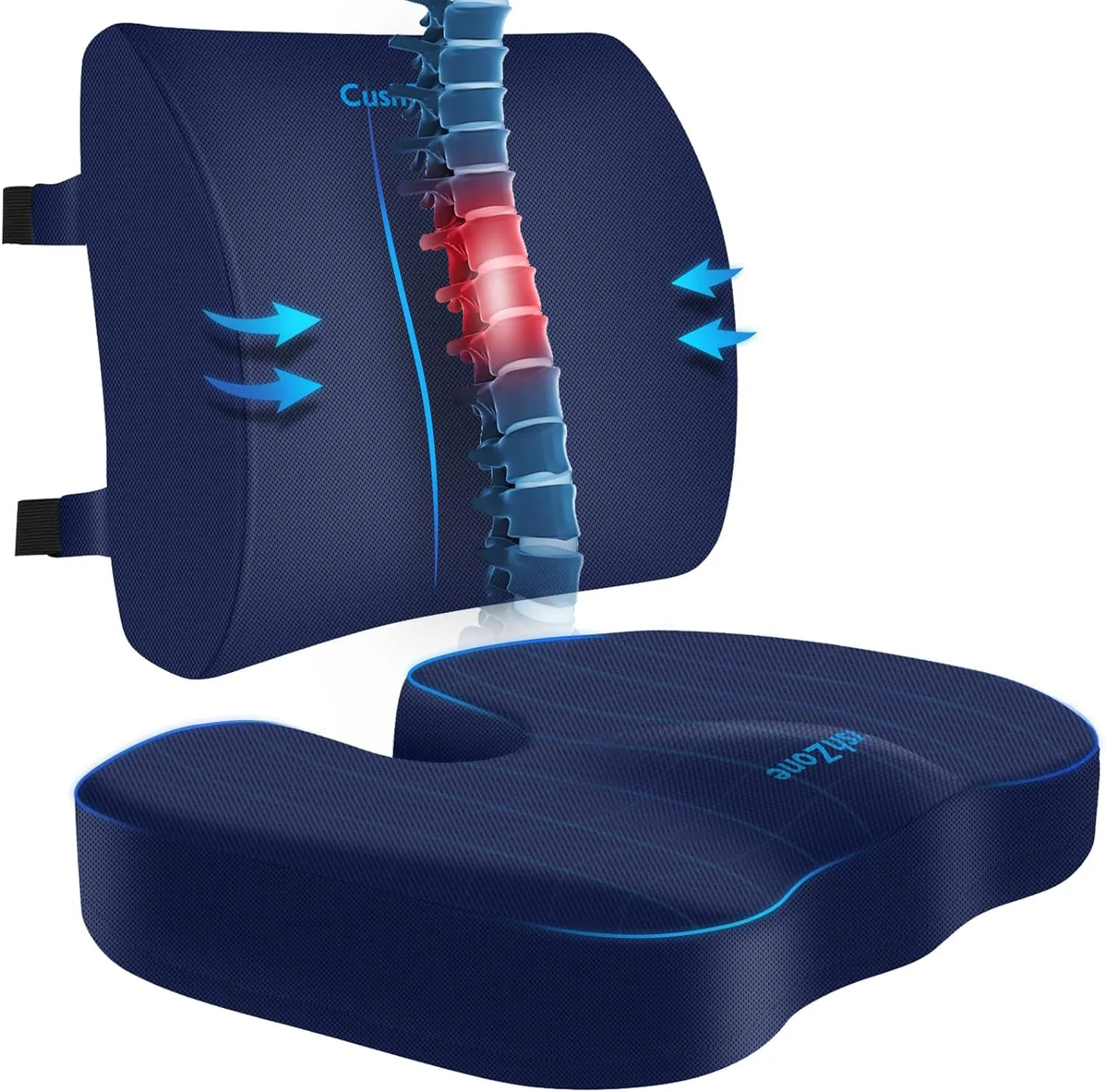 Seat Cushion, Lumbar Support Pillow with Adjustable Strap-Chair Cushions for Sciatica Pain Relief-with Washable Cover Memory Foam for Car, Travel and Wheelchair-Blue