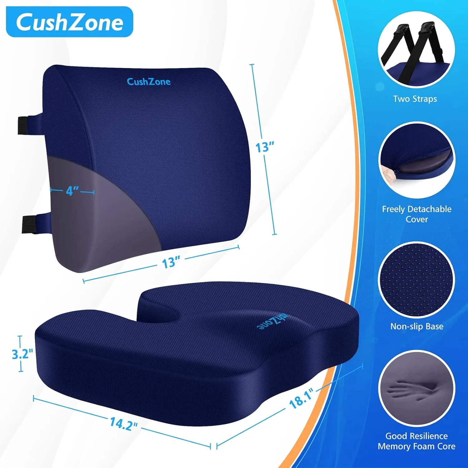 Seat Cushion, Lumbar Support Pillow with Adjustable Strap-Chair Cushions for Sciatica Pain Relief-with Washable Cover Memory Foam for Car, Travel and Wheelchair-Blue