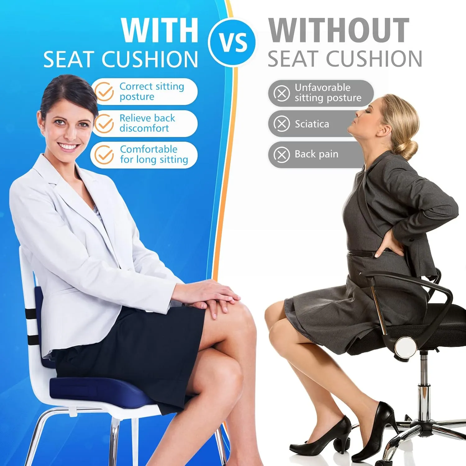 Seat Cushion, Lumbar Support Pillow with Adjustable Strap-Chair Cushions for Sciatica Pain Relief-with Washable Cover Memory Foam for Car, Travel and Wheelchair-Blue