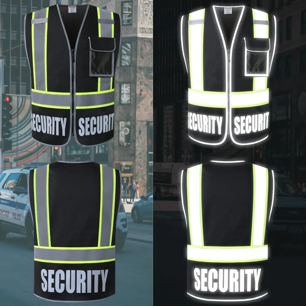 Security Vest for Men Women Reflective Safety Vest with 5 Pockets and Front Zipper Mesh High Visibility Vest Meets ANSI/ISEA 107-2015 Standards(Black-22, X-Large)