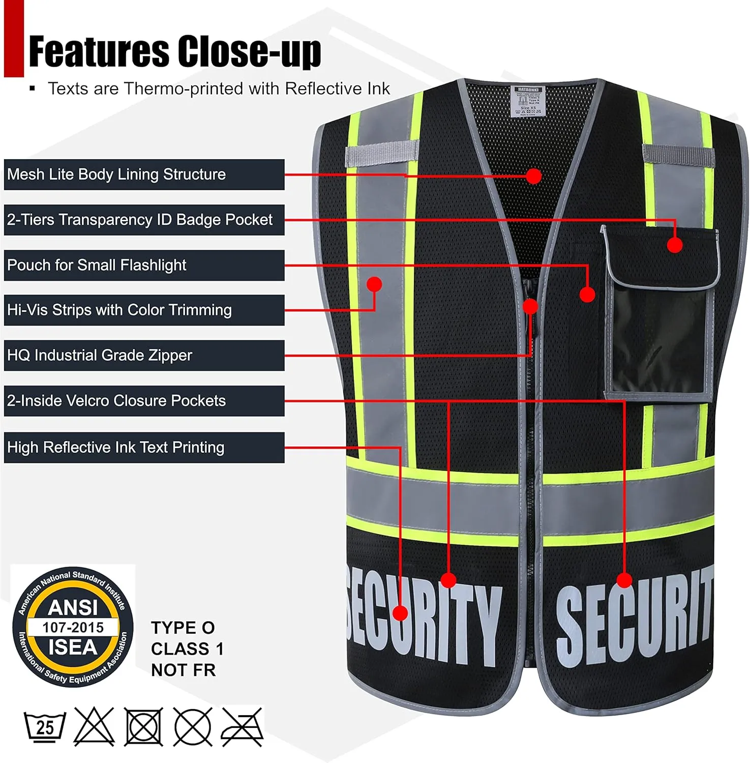 Security Vest for Men Women Reflective Safety Vest with 5 Pockets and Front Zipper Mesh High Visibility Vest Meets ANSI/ISEA 107-2015 Standards(Black-22, X-Large)