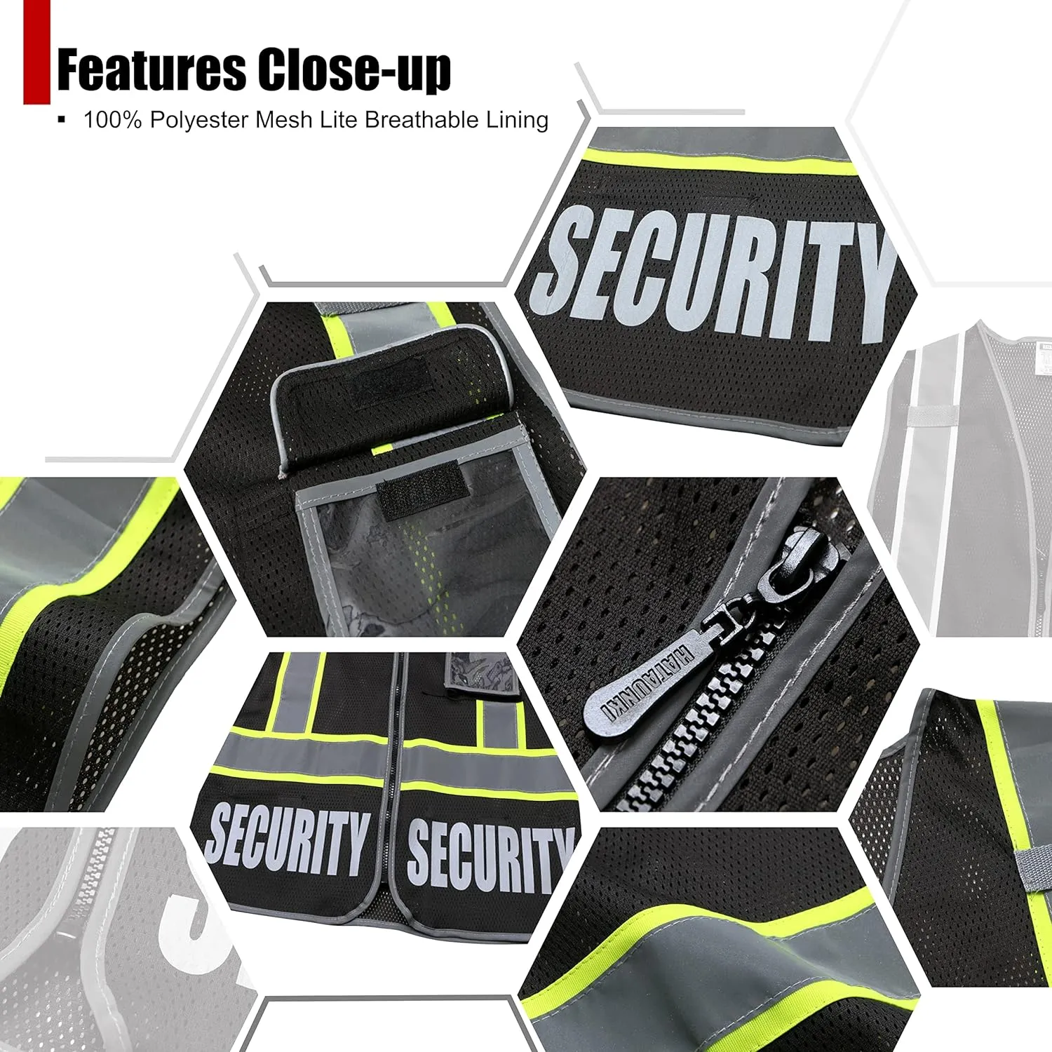 Security Vest for Men Women Reflective Safety Vest with 5 Pockets and Front Zipper Mesh High Visibility Vest Meets ANSI/ISEA 107-2015 Standards(Black-22, X-Large)