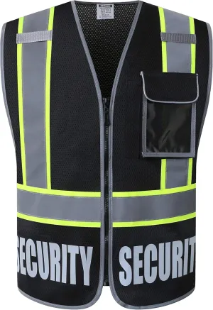 Security Vest for Men Women Reflective Safety Vest with 5 Pockets and Front Zipper Mesh High Visibility Vest Meets ANSI/ISEA 107-2015 Standards(Black-22, X-Large)