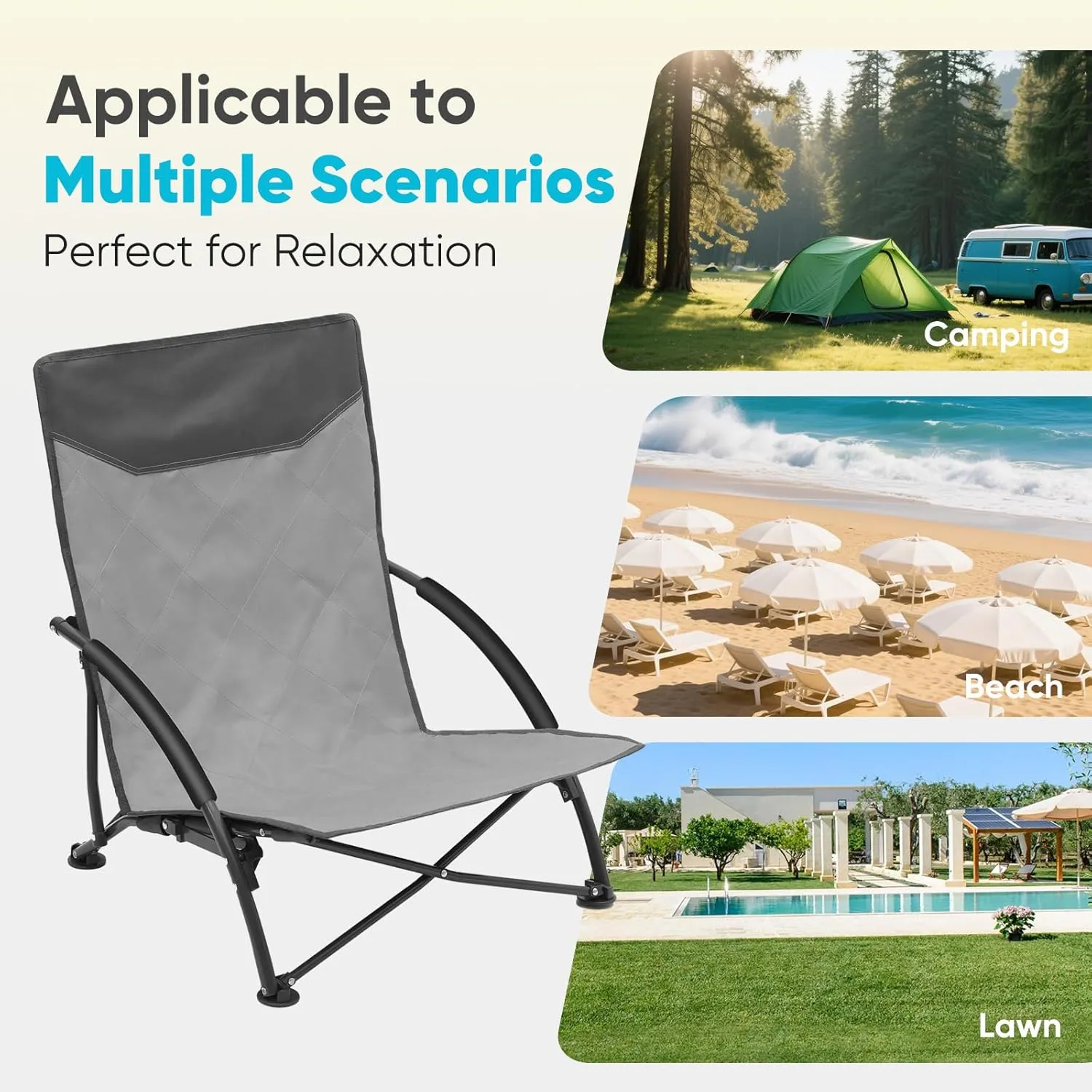 Sekey Portable Beach Chair, Lightweight Camping Chair with Carry Bag, Low Folding Beach Chair for Adults, Compact Ourdoor Chairs for Picnic, Fishing and Sports Events, Gray