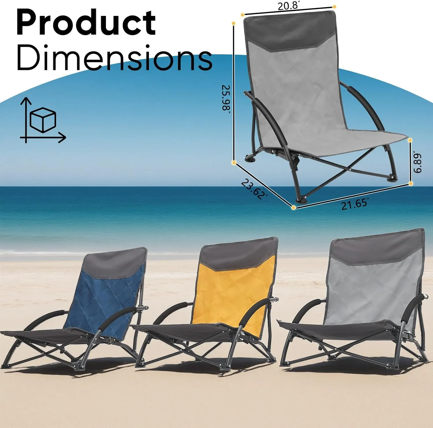 Sekey Portable Beach Chair, Lightweight Camping Chair with Carry Bag, Low Folding Beach Chair for Adults, Compact Ourdoor Chairs for Picnic, Fishing and Sports Events, Gray