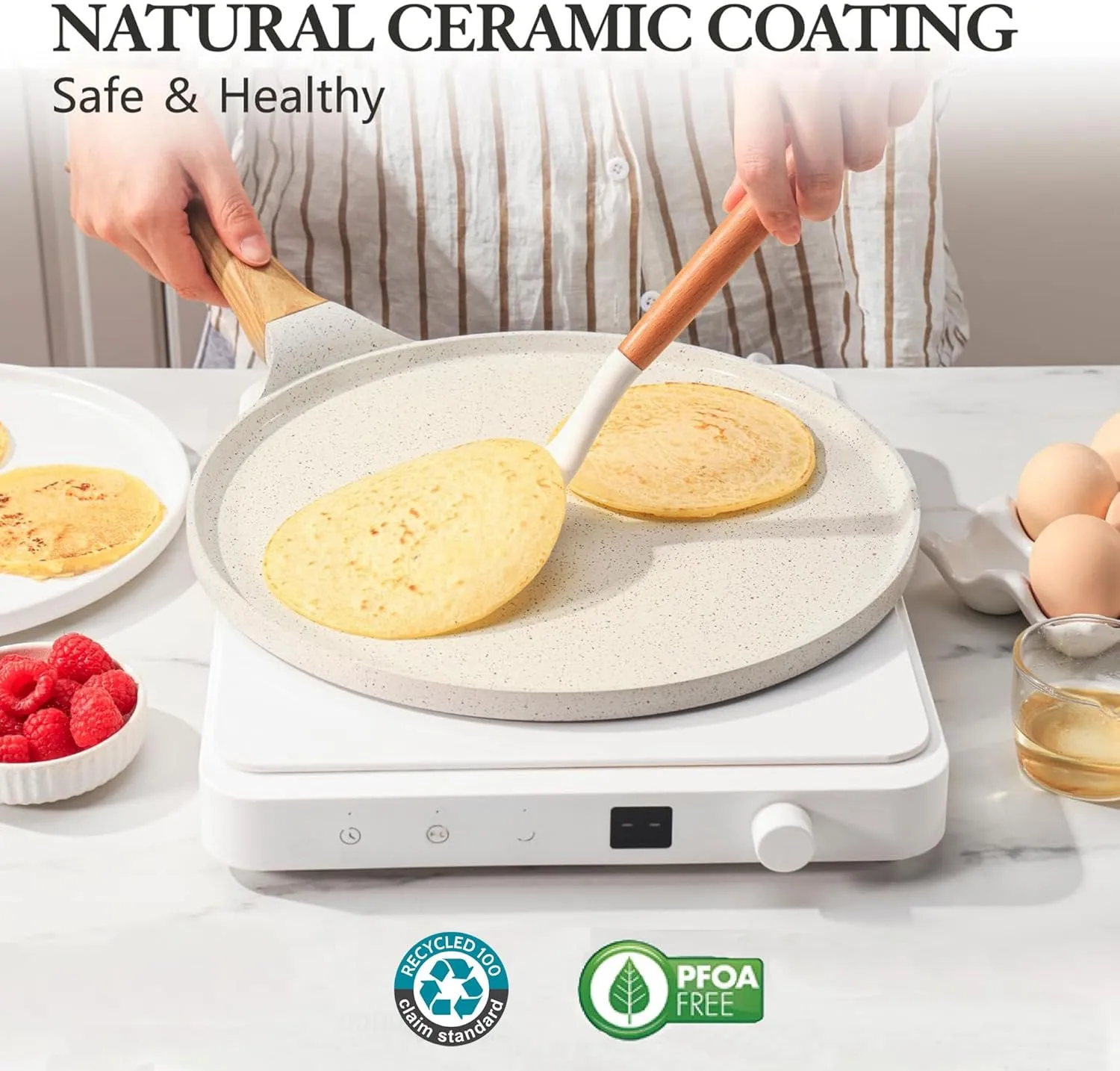 SENSARTE Nonstick Crepe Pan with Spreader, 10-Inch Natural Ceramic Coating Dosa Pan Pancake Flat Skillet Tawa Griddle with Stay-Cool Handle, Induction Compatible, PFOA Free (White)