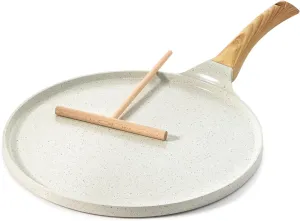 SENSARTE Nonstick Crepe Pan with Spreader, 10-Inch Natural Ceramic Coating Dosa Pan Pancake Flat Skillet Tawa Griddle with Stay-Cool Handle, Induction Compatible, PFOA Free (White)