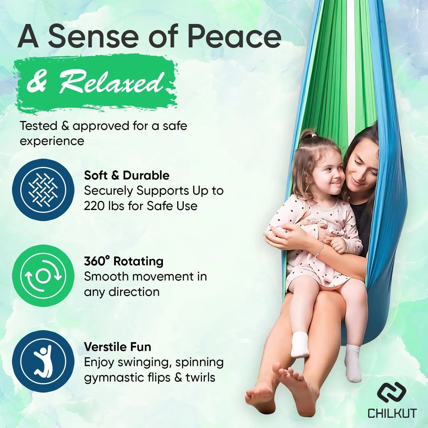Sensory Swing for Indoor & Outdoor Use, 220lb Capacity, Double Layer Fabric with 360° Rotation, Indoor Swing for Kids & Adults, Soft, Durable and Comfortable