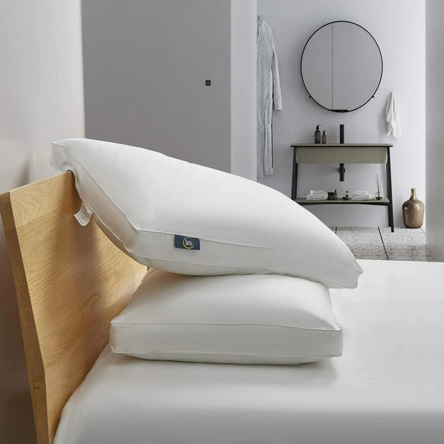 Serta 233 Thread Count Bed Pillows 100% Cotton Goose Feather Down Pillow Jumbo Size Set of 2 Pack Firm Gusseted Pillow for Side Sleeper