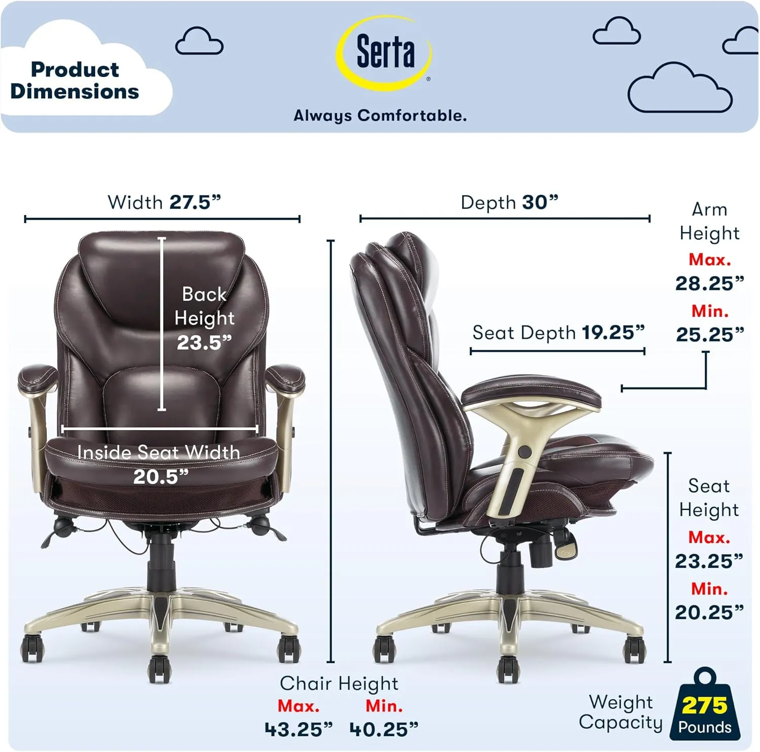 Serta Claremont Ergonomic Executive Office Chair with Back in Motion Technology, Adjustable Mid Back Desk Chair with Lumbar Support, Bonded Leather, Chestnut Brown