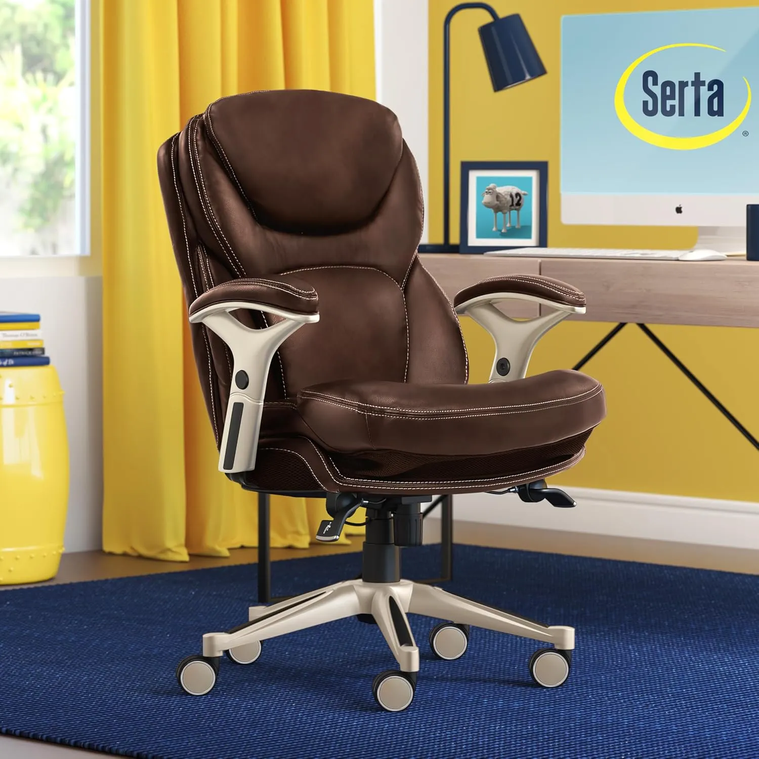 Serta Claremont Ergonomic Executive Office Chair with Back in Motion Technology, Adjustable Mid Back Desk Chair with Lumbar Support, Bonded Leather, Chestnut Brown